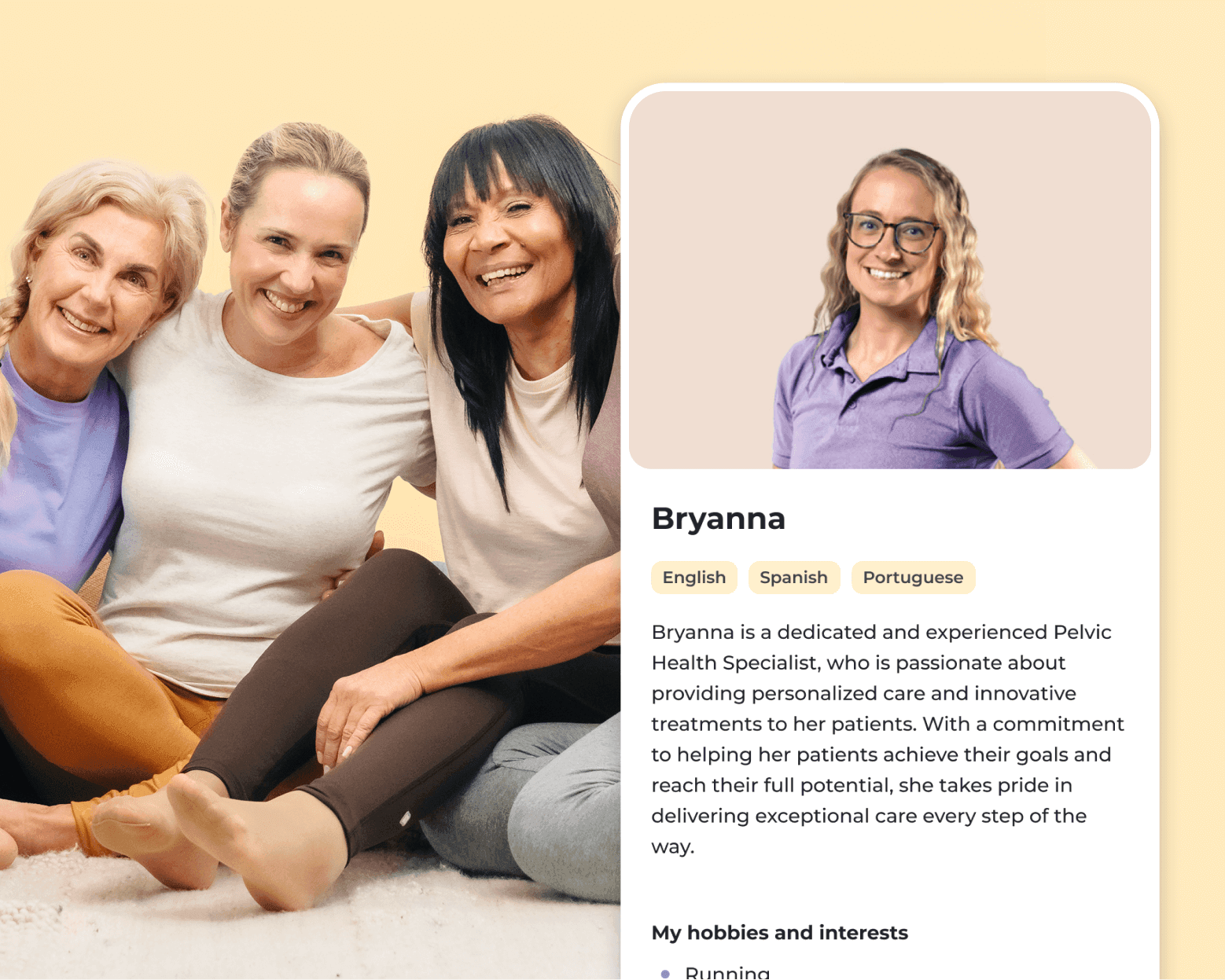 group-of-woman-smiling-with-interface-of-sword-app-showing-profile-of-pelvic-health-specialist